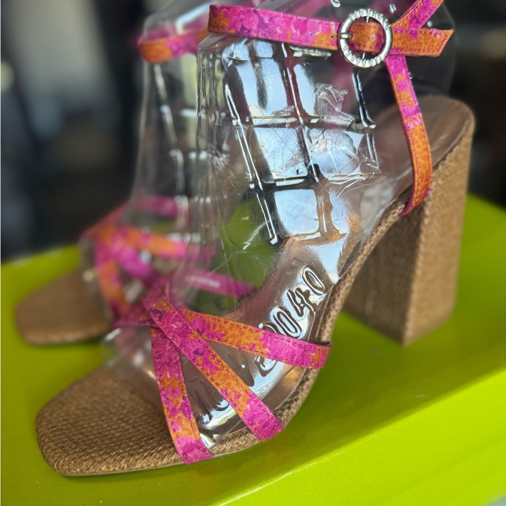 Ted Baker London Kasiras Woven Heel Sandals Pink & Orange print, size 7.5
